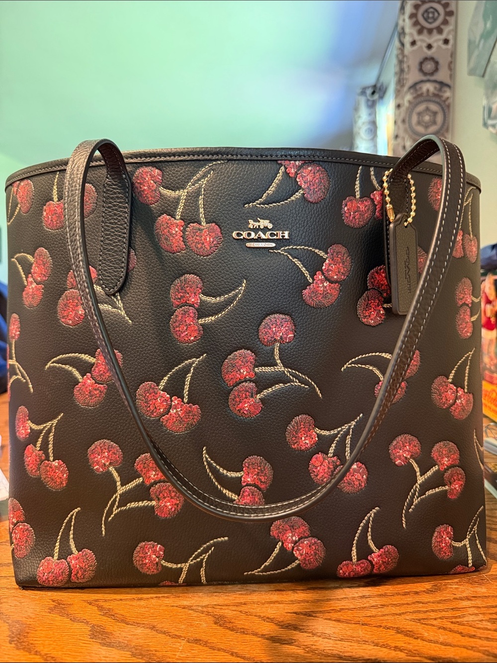Coach Black Leather Tote with Red Cherry Print
